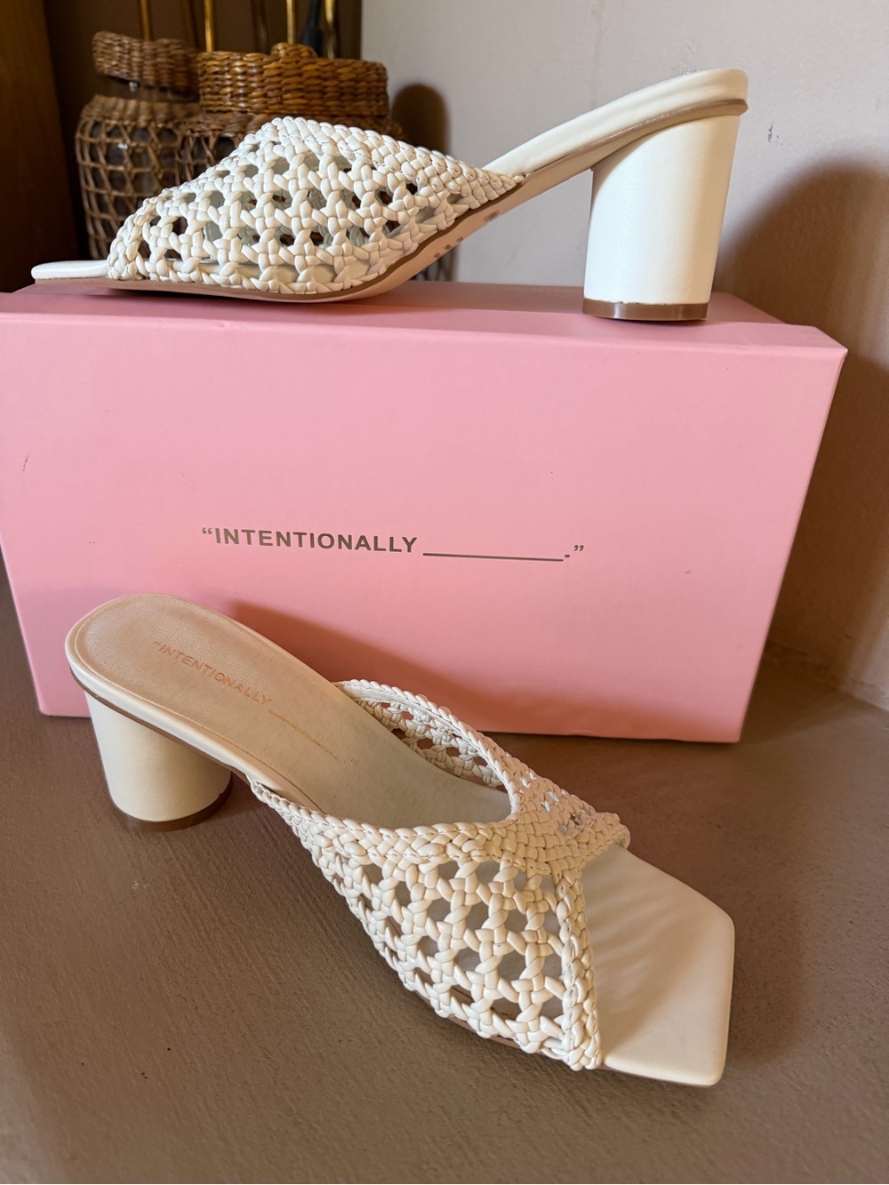 NWT and box INTENTIONALLY BLANK Cream Woven Block Heel Mules